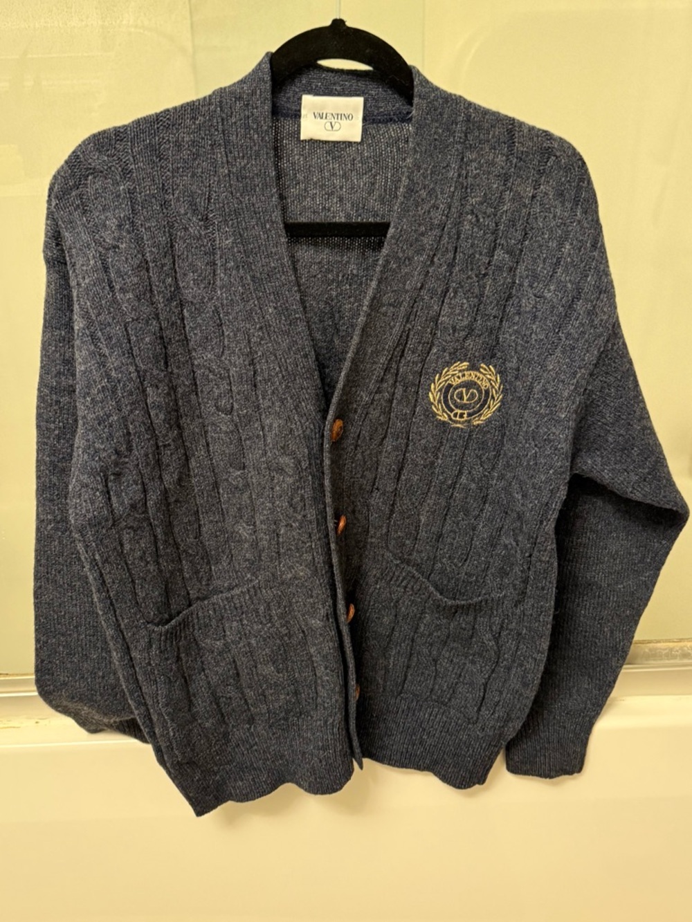 Valentino Dark Blue Wool Knit Cardigan with Crest
